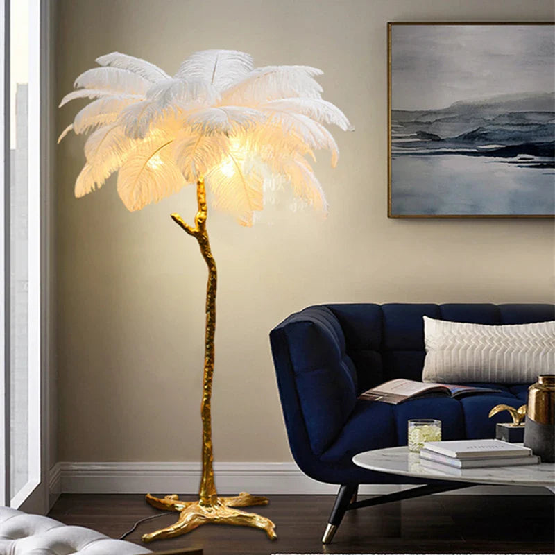 Afralia™ Ostrich Feather LED Floor Lamp - Gold Resin Modern Standing Light