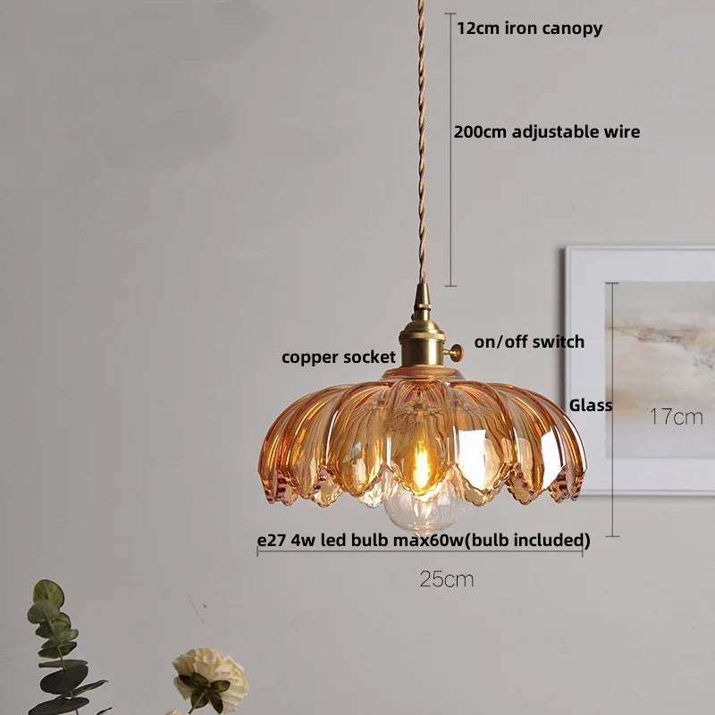 Afralia™ Amber Flower Glass LED Pendant Light - Modern Nordic Copper Switch Hang Lamp