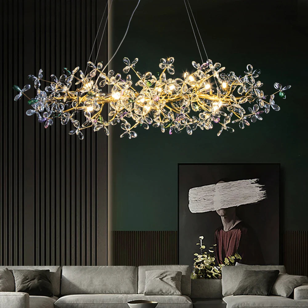Afralia™ Gold Flower Crystal Ceiling Chandelier for Dining Room Bedroom Kitchen - Luxury Hanging Pendant Lights