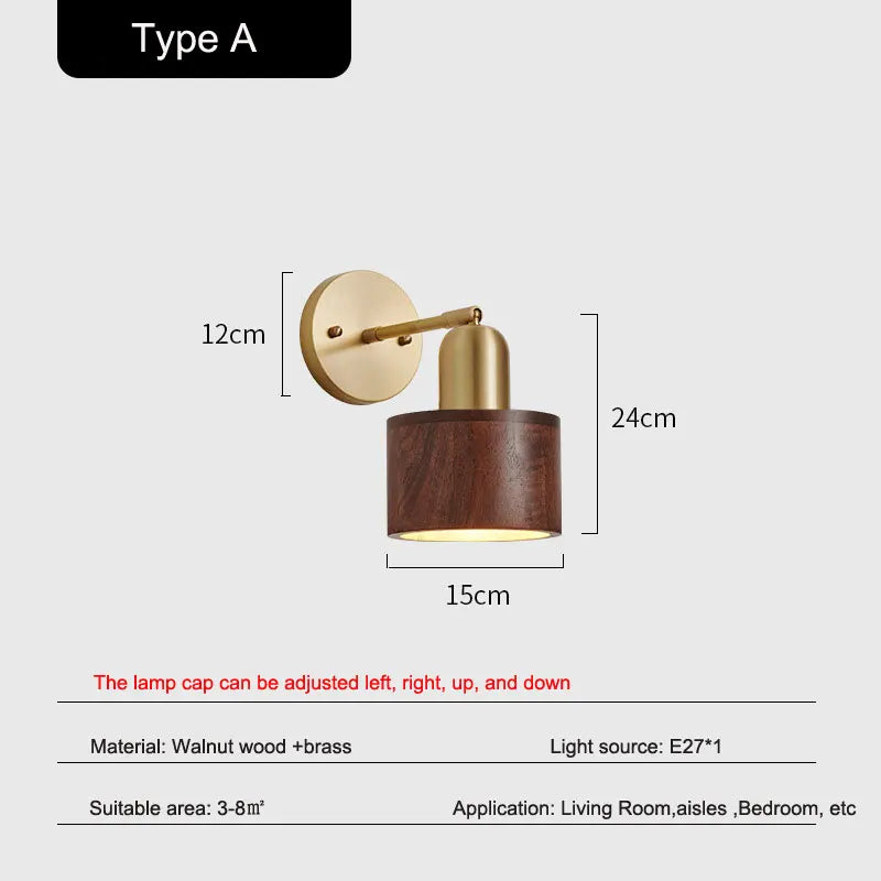 Afralia™ Nordic Walnut Wood Copper Bedroom Wall Lamp