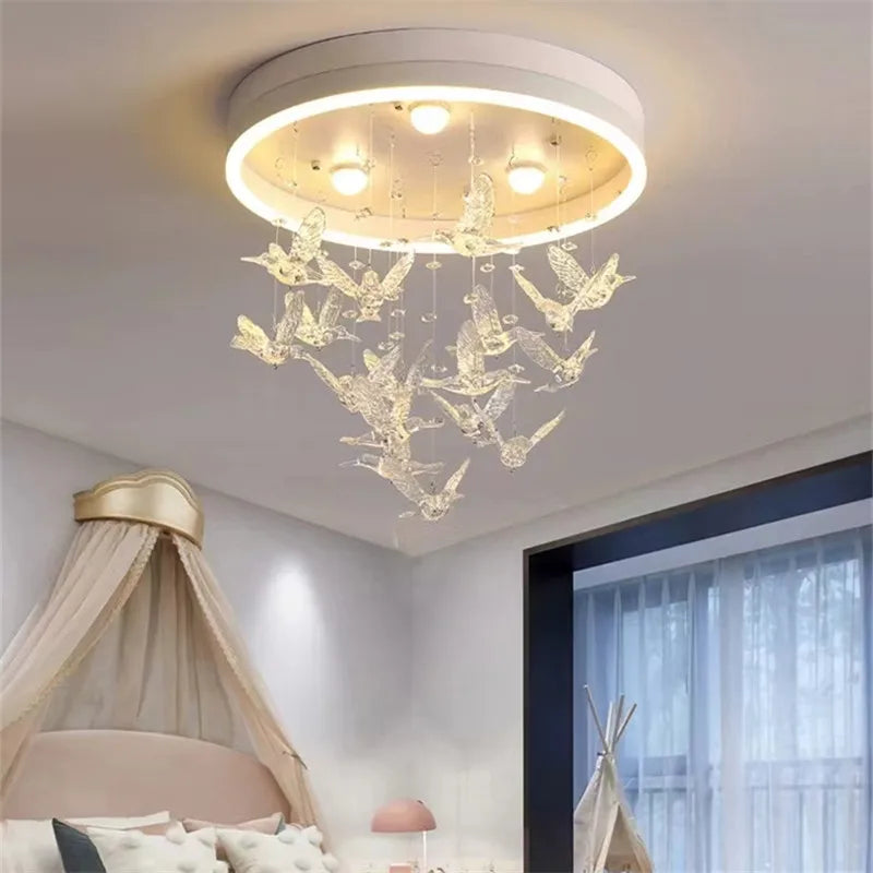 Afralia™ Flying Bird Ceiling Light for Girls Room Decor, White Princess Bedroom Lamp