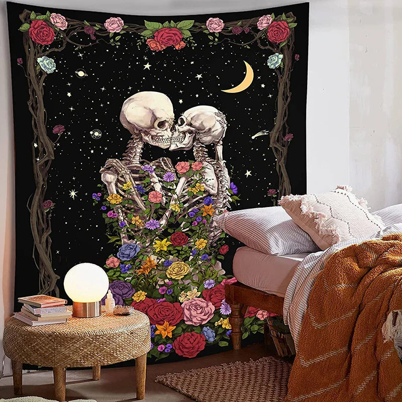 Afralia™ Skull Lovers' Kiss Tapestry - Colorful Roses and Tarot Skeleton Wall Hanging