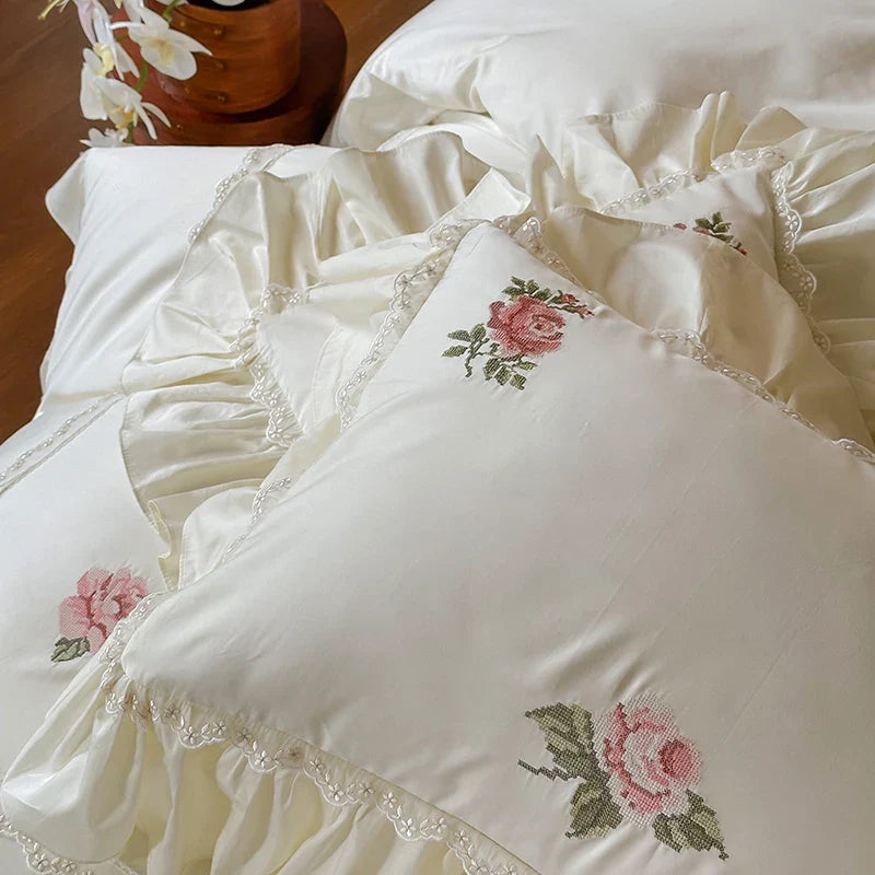 Afralia™ Vintage Lace Ruffles Embroidery Bedding Set with 1000TC Egyptian Cotton