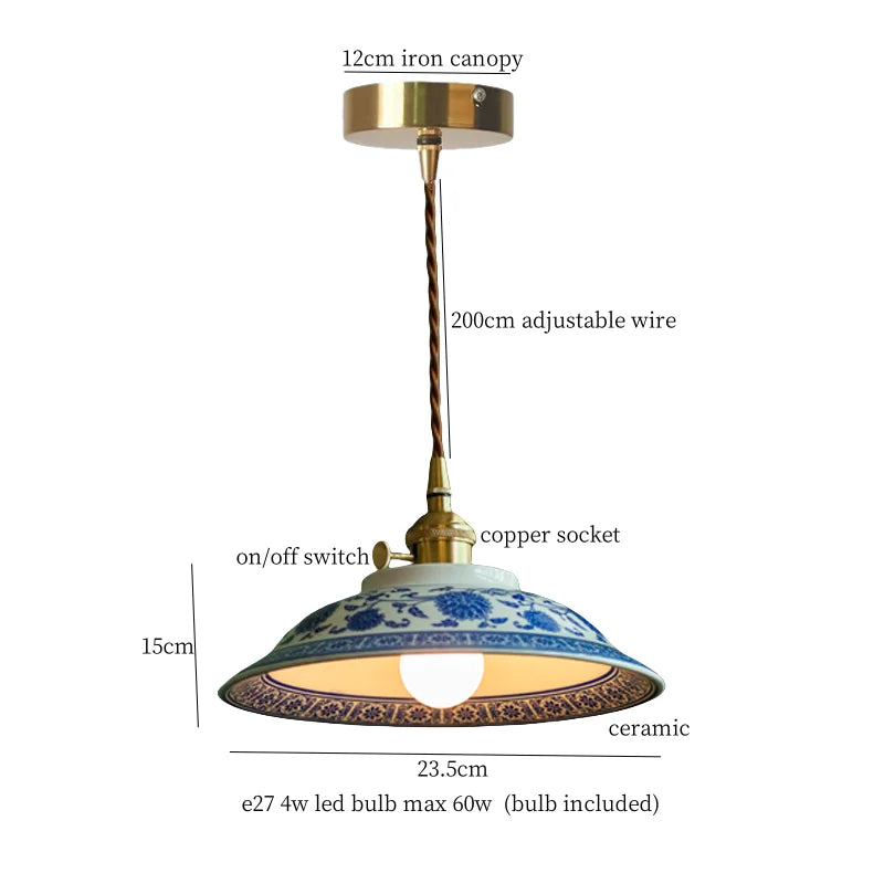 Afralia™ Patterned Ceramics LED Pendant Lights Vintage Copper Hanging Lamp