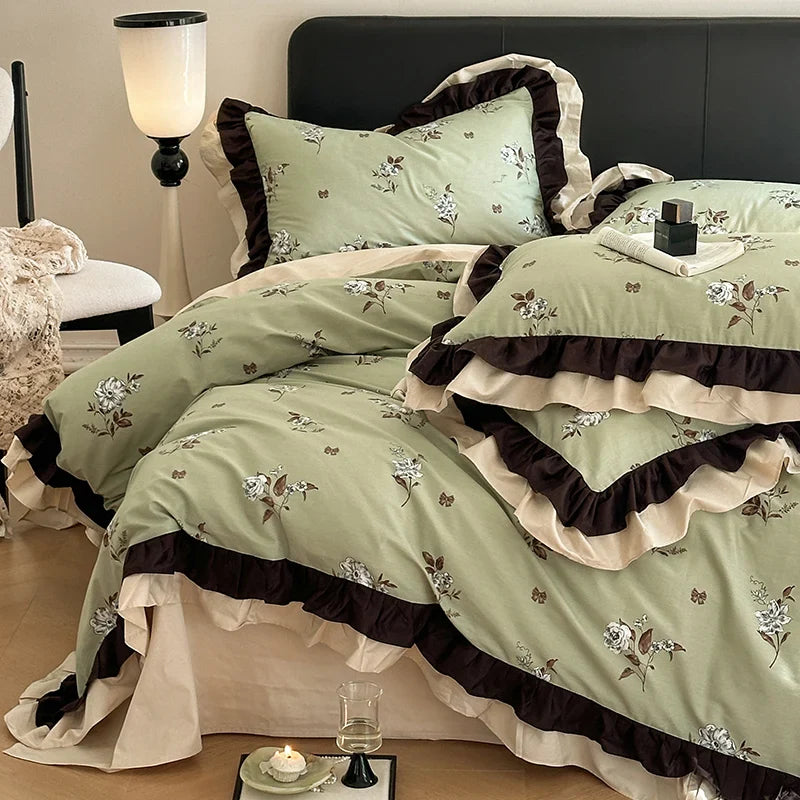 Afralia™ Vintage Floral Cotton Ruffles Princess Bedding Set with Double Layer