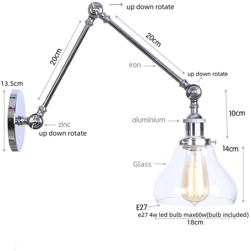 Afralia™ Chrome Industrial LED Wall Sconce Swing Arm Clear Glass Light