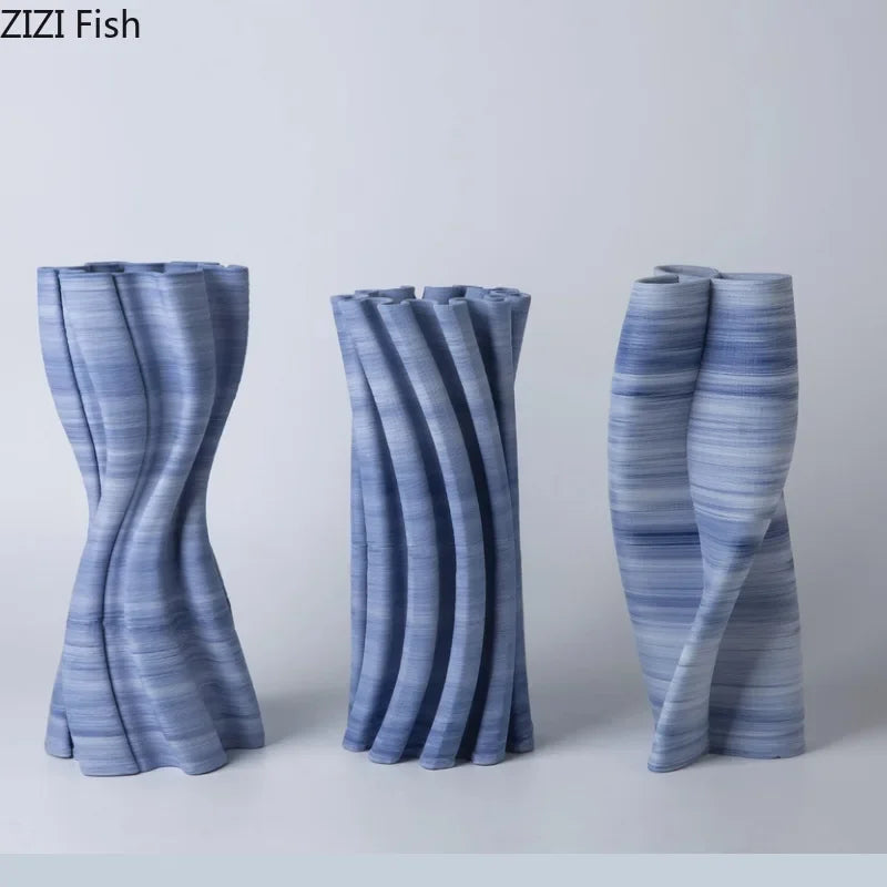 Blue Stripes Ceramic Vase, Afralia™ Twist Knot Design, Creative Floral Table Decor