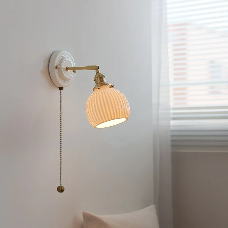 Afralia™ Vintage Ceramic LED Wall Sconce Light with Copper Pull Chain Switch