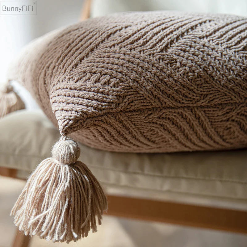 Afralia™ Twill Knit Tassel Cushion Cover 45x45cm in Ivory, Beige, Green, Grey