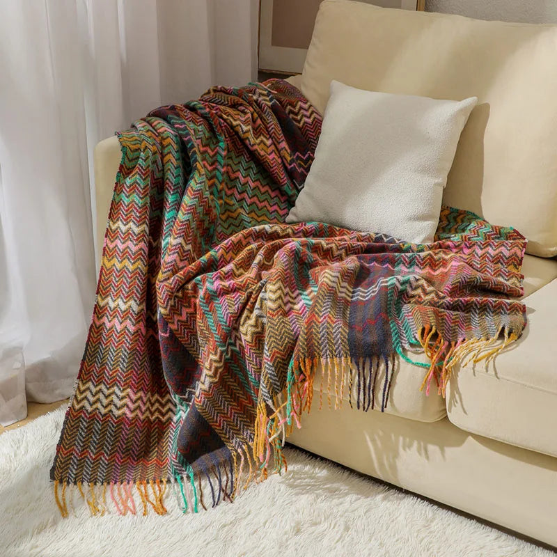 Afralia™ Ethnic Wave Woven Tassel Blanket: Multi-functional for Bed, Sofa, Table, Office Nap