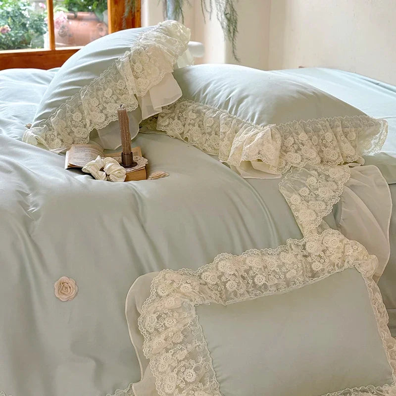 Afralia™ Princess Wedding Luxury Bedding Set 1200TC Egyptian Cotton Lace Ruffles Flowers Embroidery