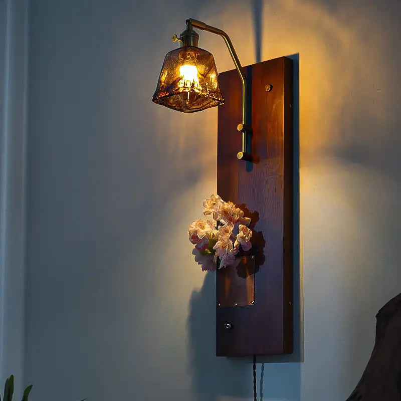 Afralia™ Retro Solid Wood Flower Wall Lamp for Medieval Bedroom, Copper Glass Staircase Decor