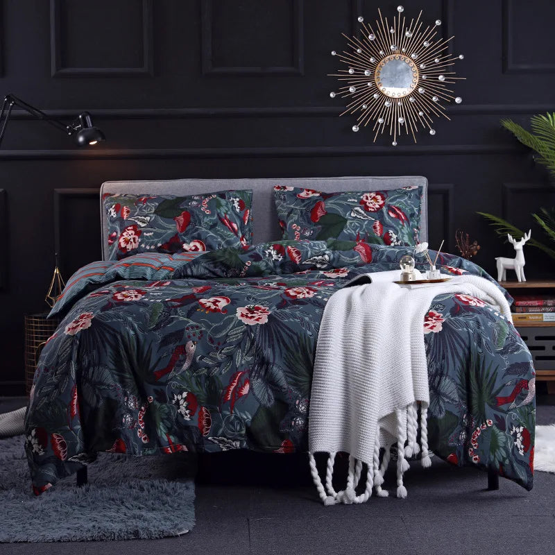 Afralia™ Dark Flower Print Duvet Cover Set - Queen King Twin Home Bedding Quilt Covers