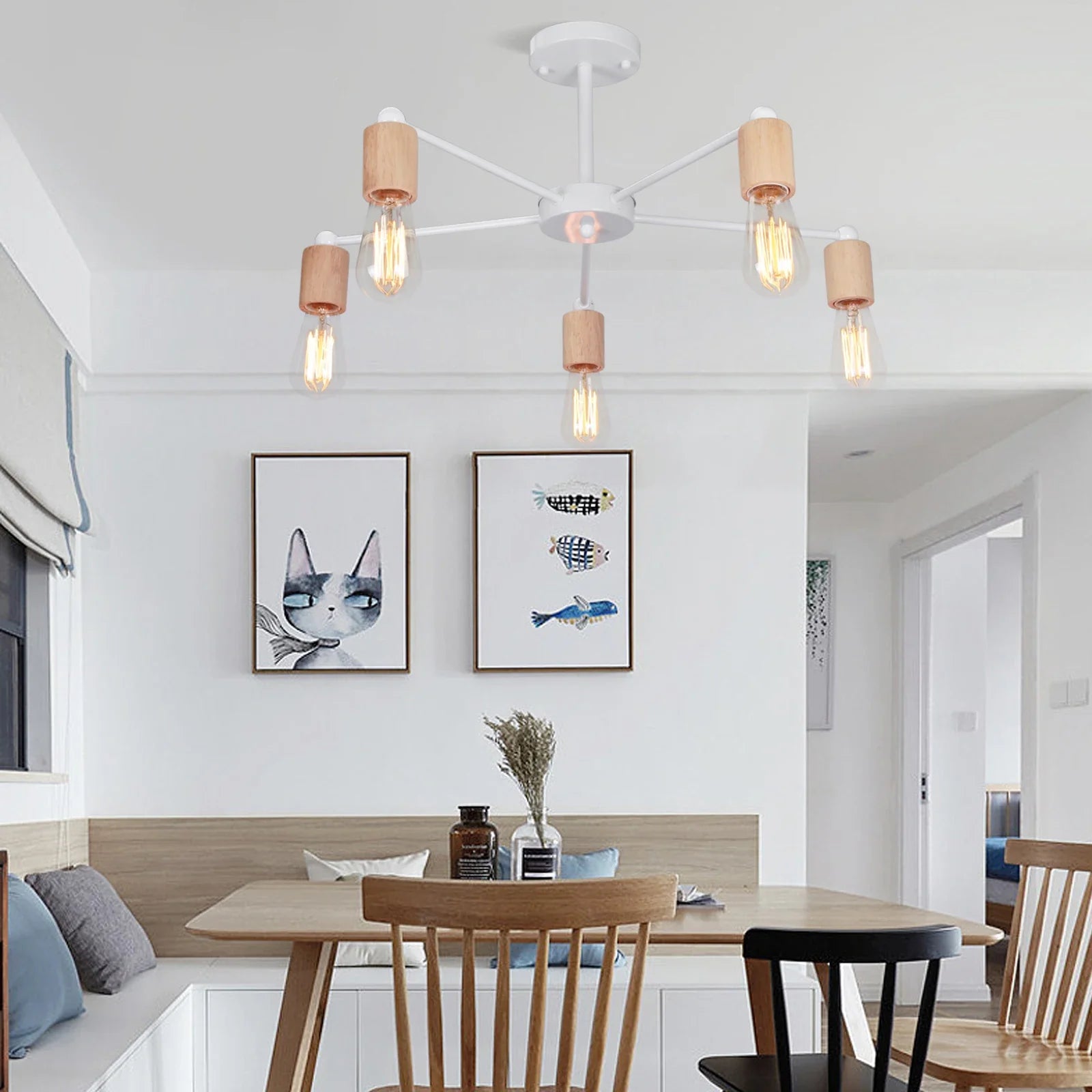 Afralia™ Industrial Rod Iron Wood Sputnik Chandelier Ceiling Lamp LED E27 Home Lighting