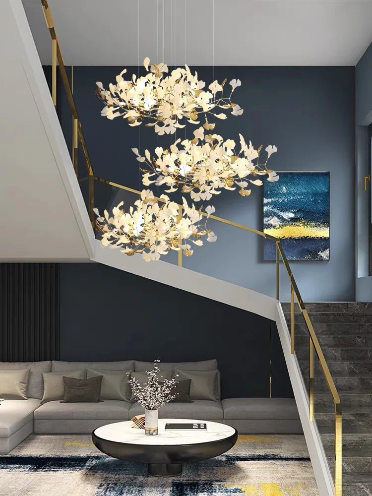 Afralia™ Gold Branches Chandelier with Porcelain Leaves Pendant Light - Luxury Living room Decor