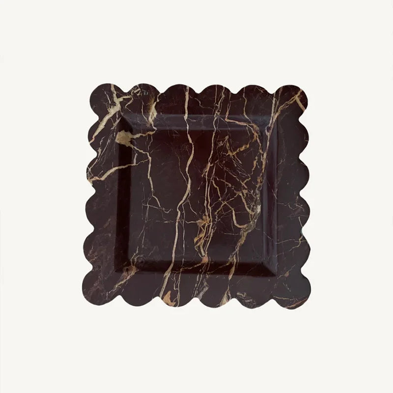 Afralia™ Marble Travertine Serving Tray Scalloped Edge Square Display Tray