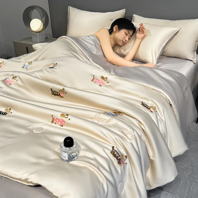 Afralia™ Washed Silk Embroidered Quilt Set Queen, Cooling Summer Blanket