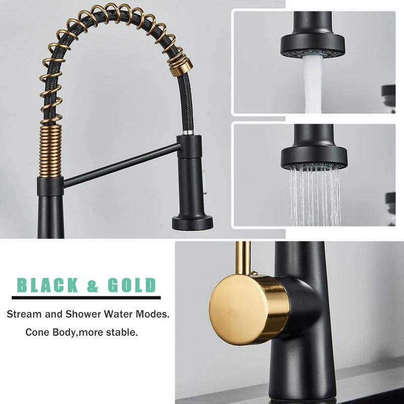 Afralia™ Black Gold Kitchen Faucet with Pull Down Sprayer