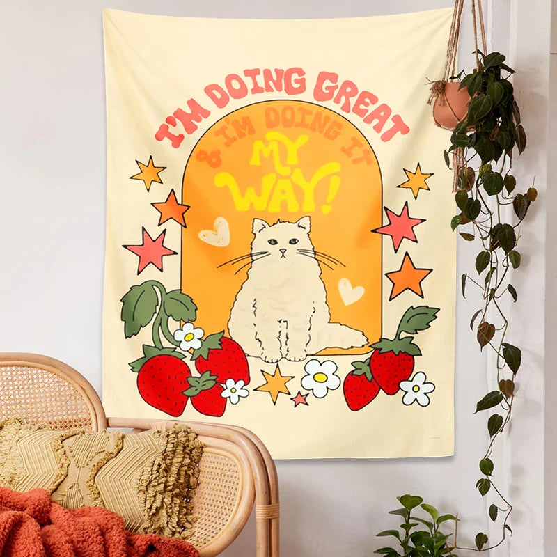 Afralia™ Cute Cat Star Strawberry Tapestry Wall Hanging for Boho Home Decor