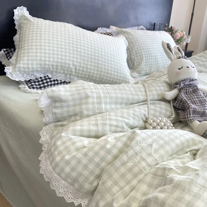 Afralia™ Vintage Lace Cotton Quilt Cover Set, Plaid Design, Black & White, 4Pcs