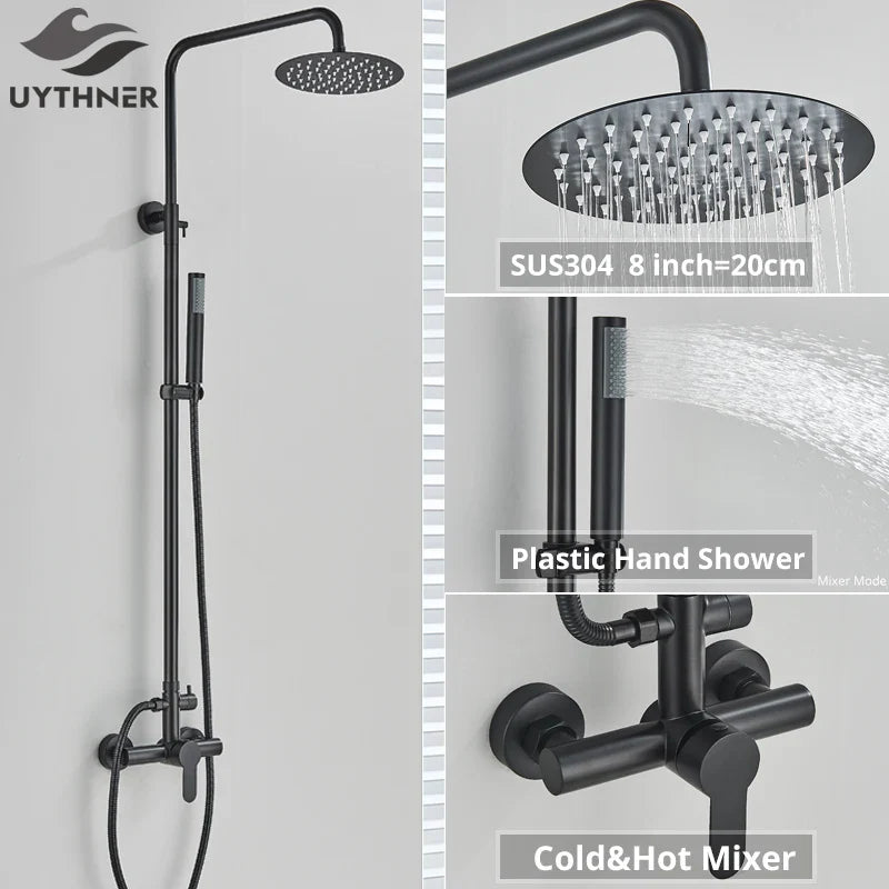 Afralia™ Black Shower Faucet Set with Rainfall Shower Head and Wall Mounted Mixer Tap