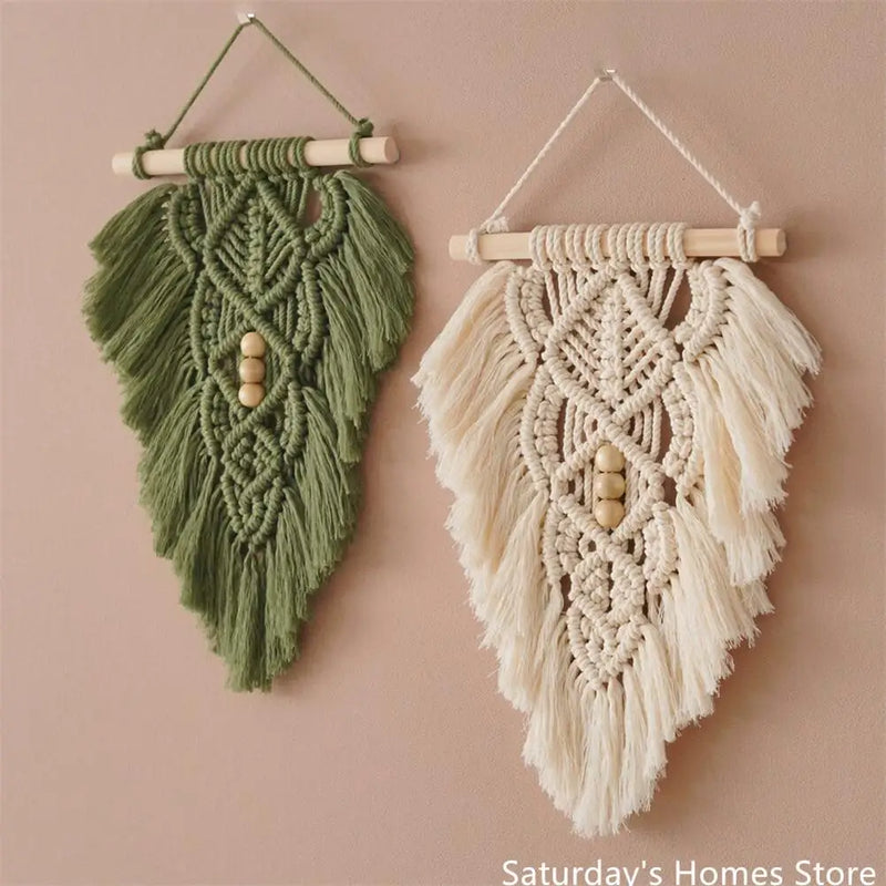 Afralia™ Handmade Macrame Leaf Hanging Tapestry Wall Decoration Mini Tapestry with Wood Stick