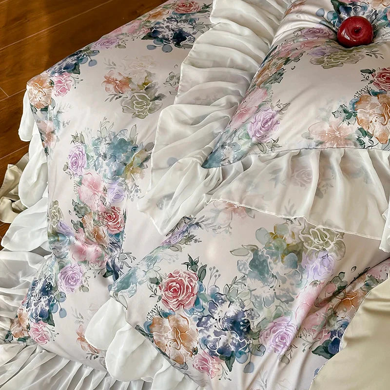 Afralia™ French Flowers Lace Ruffles Princess Bedding Set with 1000TC Egyptian Cotton