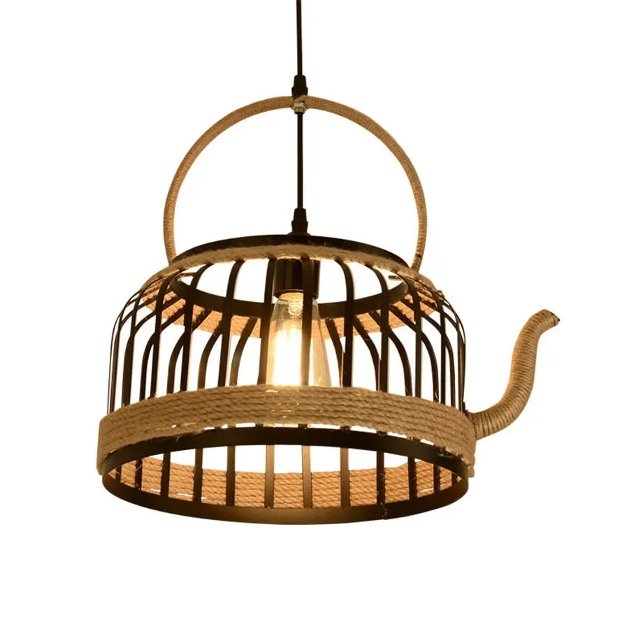 Afralia™ Teapot Rope Rattan Pendant Light Industrial Rustic Decor Suspension Luminaire