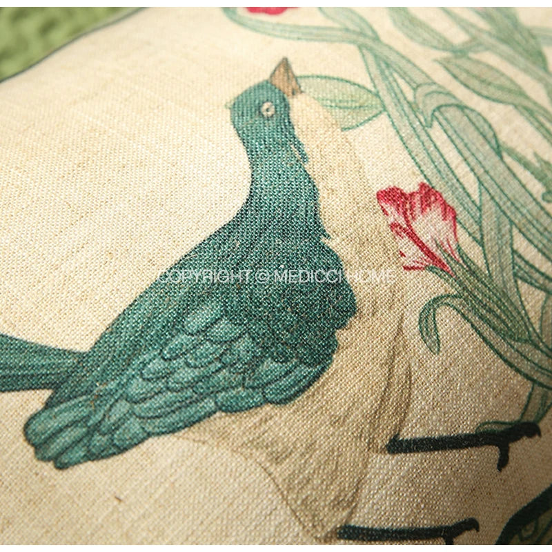 Afralia™ French Linen Flax Lumbar Pillow Cover Flower Birds Print, Fairy Green