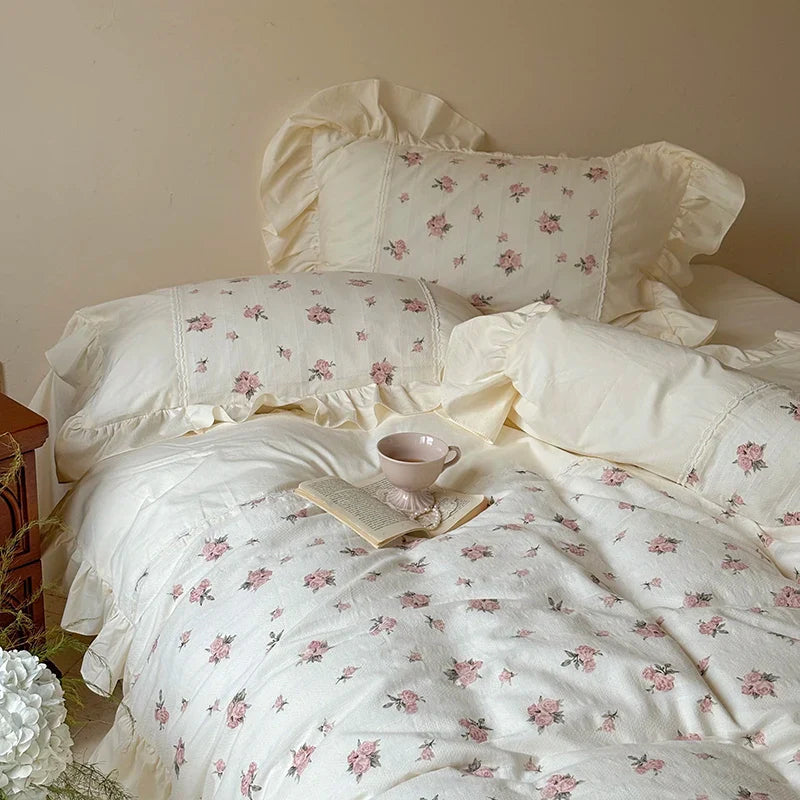 Afralia™ Vintage Floral Print Ruffled Bedding Set: Duvet Cover, Sheet, Pillowcases