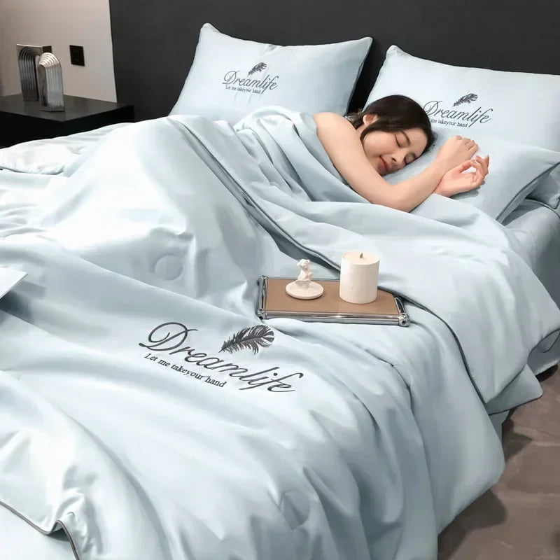 Afralia™ Luxury Embroidery Quilt Set, 4-Piece Summer Comforter Bedding for Air-Conditioned Comfort