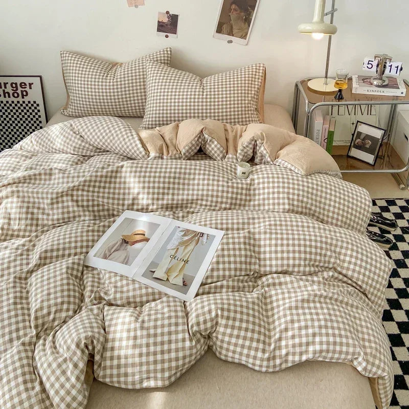 Afralia™ Japanese Style Check Duvet Cover Set - Soft Washed Quilt Cover & Pillowcase