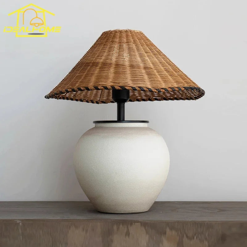 Afralia™ Wabi-sabi Ceramic Rattan Weave Table Lamp LED E27 for Living Room Bedroom Hotel