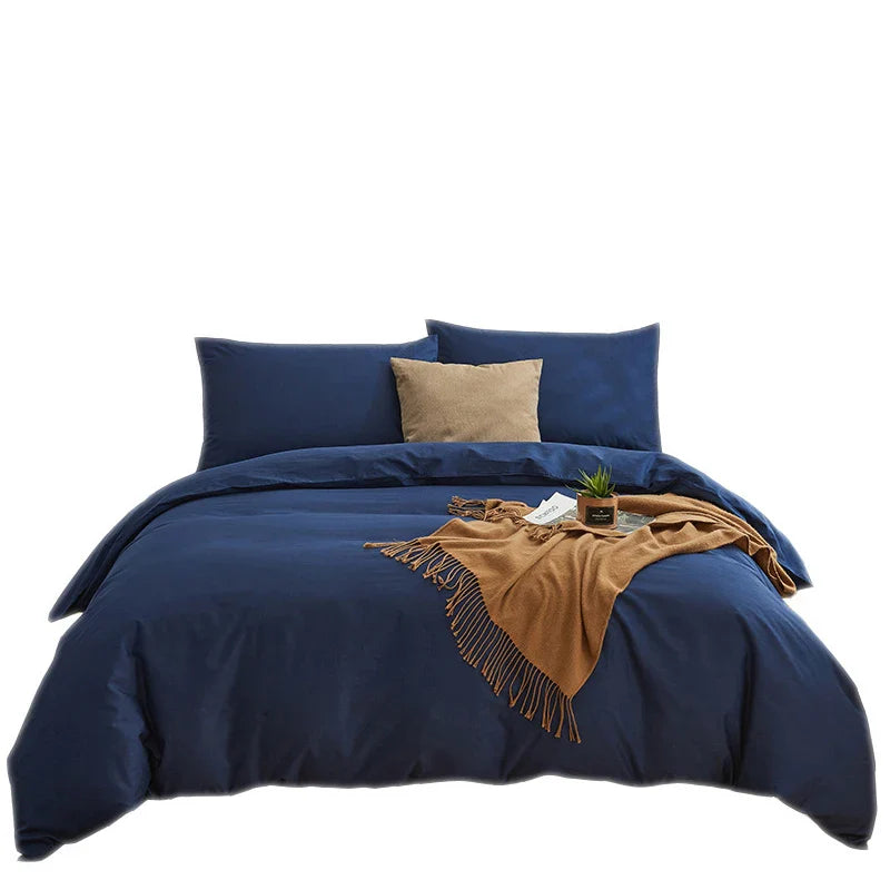 Afralia™ Cotton 4pcs Bedding Set Double Queen Solid Color Duvet Cover Flat Bed Sheet