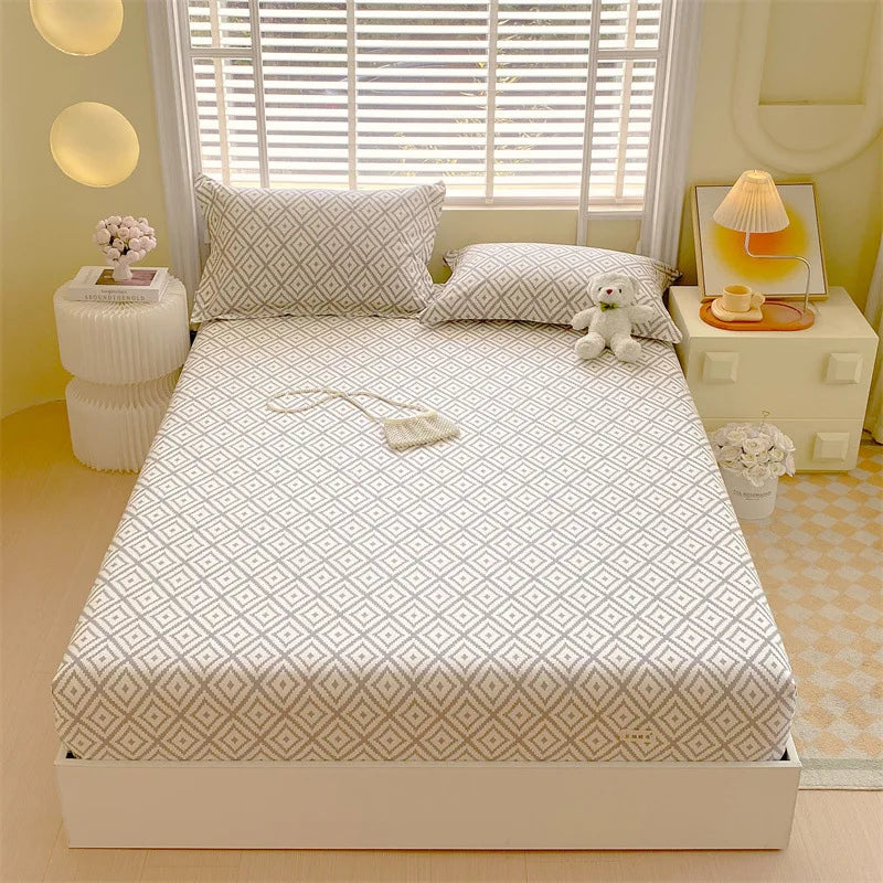 Afralia™ Cotton Striped Fitted Bed Sheet for Queen Double Mattress Cover