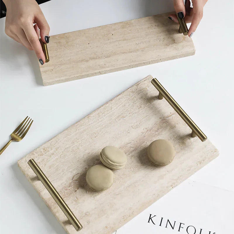 Afralia™ Beige Travertine Stone Tray with Golden Metal Handle