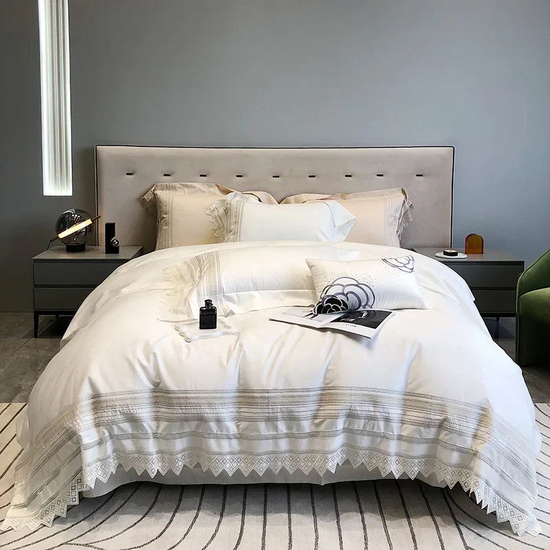 Afralia™ Champagne Embroidered Lace Bedding Set with 1000TC Egyptian Cotton Duvet Cover & Sheet