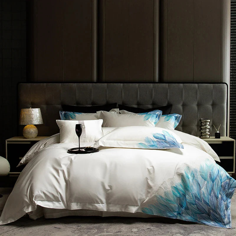Afralia™ Luxury Feather Embroidery Bedding Set in 1000TC Egyptian Cotton, Queen King Size