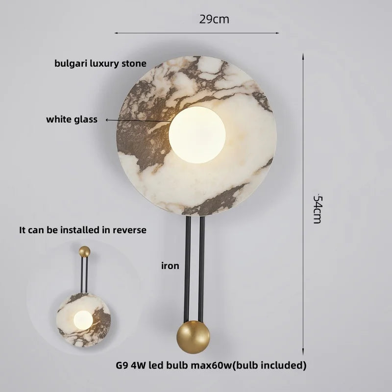 Afralia™ Round Black Iron LED Wall Lamp Bulgari Marble White Glass Stair Light
