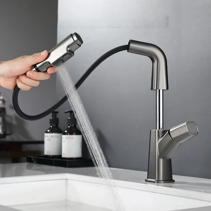 Afralia™ Brass Basin Faucet: Pull Out, Hot & Cold Mixer, 360° Lift, Bathroom Sink Tap