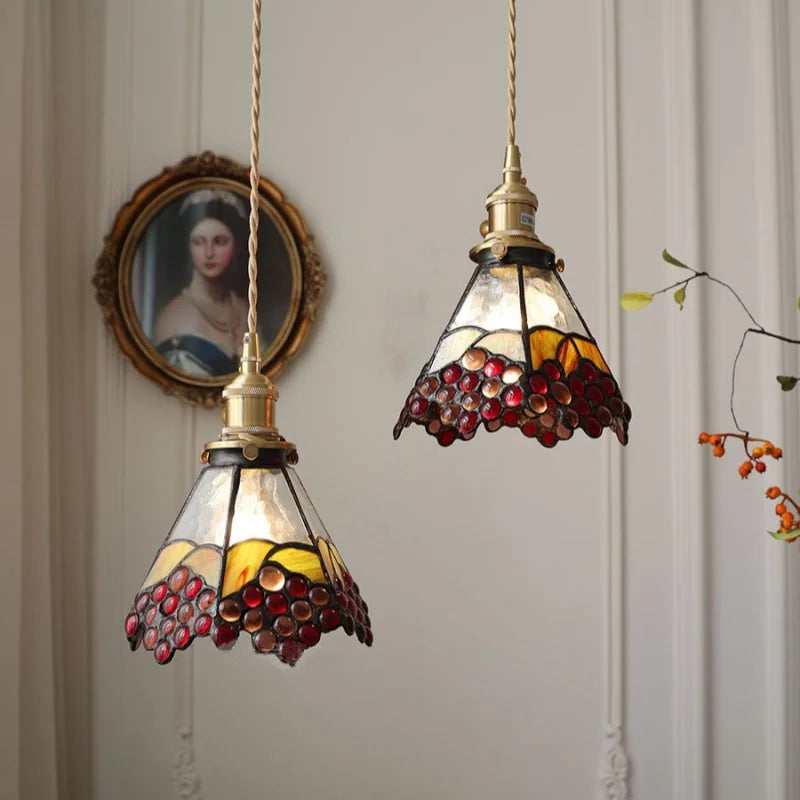 Afralia™ Walnut Wood LED Pendant Light Fixture Wine Red Glass Vintage Brass Hang Lamp