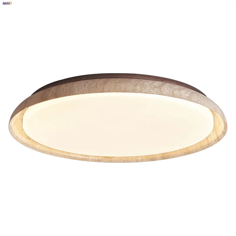 Afralia™ Yellow Travertine Stone LED Ceiling Lamp with Wood Canopy