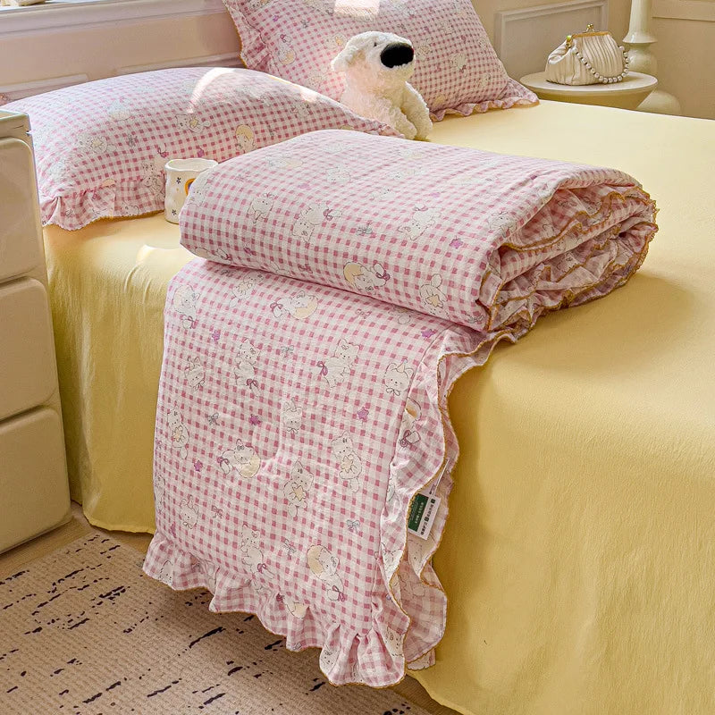 Afralia™ Korean Cotton Patchwork Quilt with Lace and Ruffle for Summer