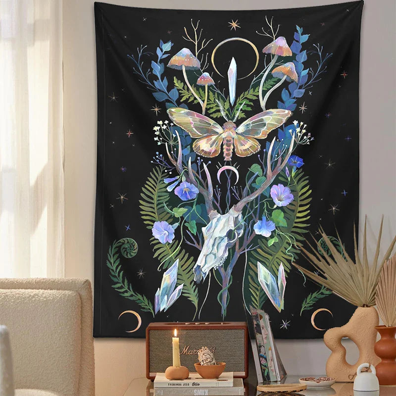 Afralia™ Deer Skull Mushroom Moon Wall Hanging Psychedelic Tapestry Witchcraft Decor