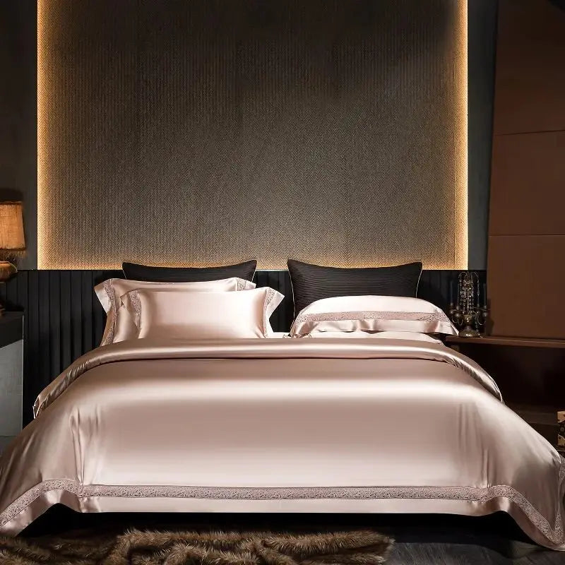 Afralia™ Luxe Silk Cotton Hollow Wide Edge Bedding Set: Duvet Cover, Flat/Fitted Sheet, Pillowcases