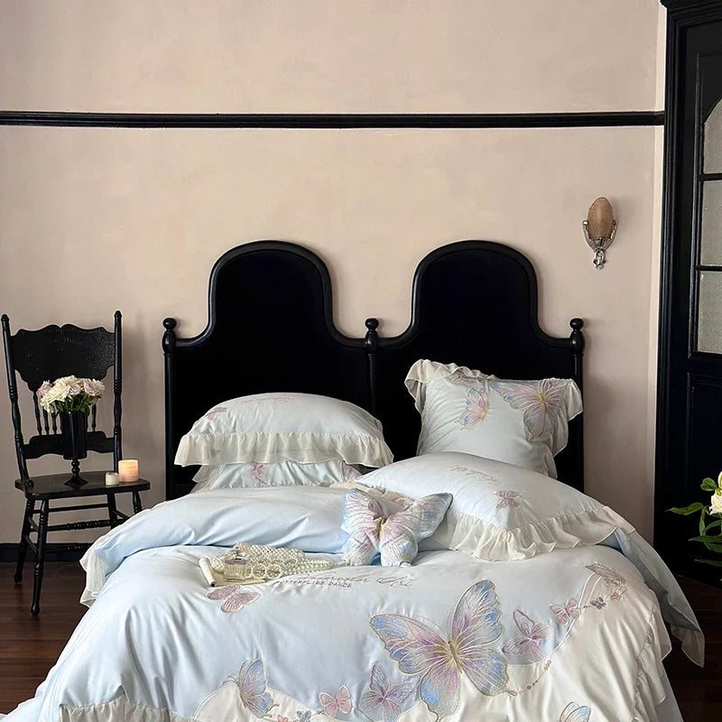 Afralia™ Butterfly Embroidery Lace Ruffles Bedding Set 100S Egyptian Cotton Duvet Cover