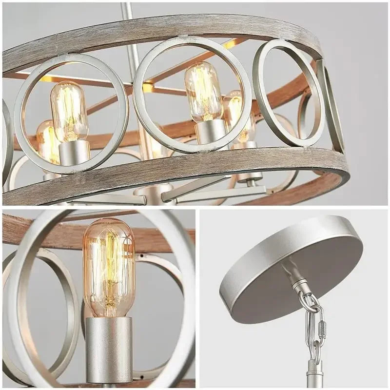 Afralia™ Industrial Farmhouse Circular Chandelier Retro Iron Art Wood Grain Ceiling Light