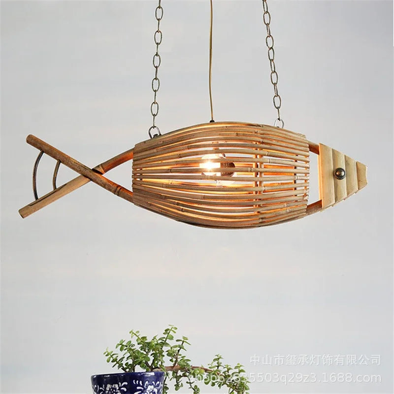 Afralia™ Nordic Bamboo Fish Art Pendant Light Fixture for Modern Kitchen Decor