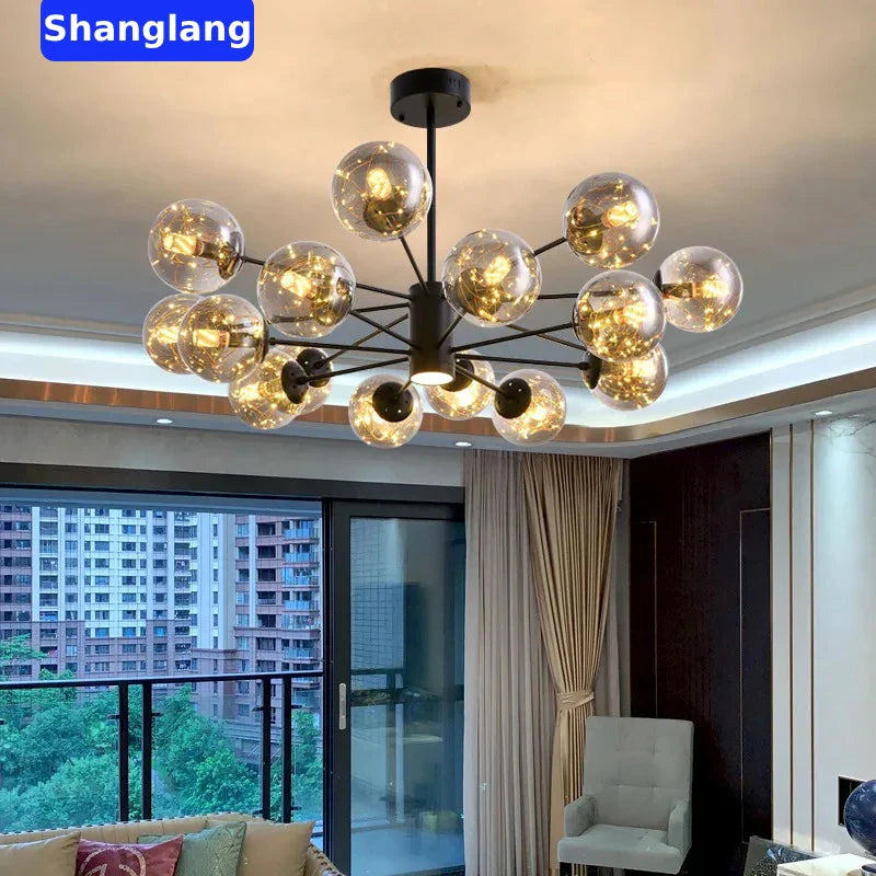 Afralia™ Black Glass Ball LED Chandelier for Living Room, Bedroom - Dimmable Nordic Luxury Fixture