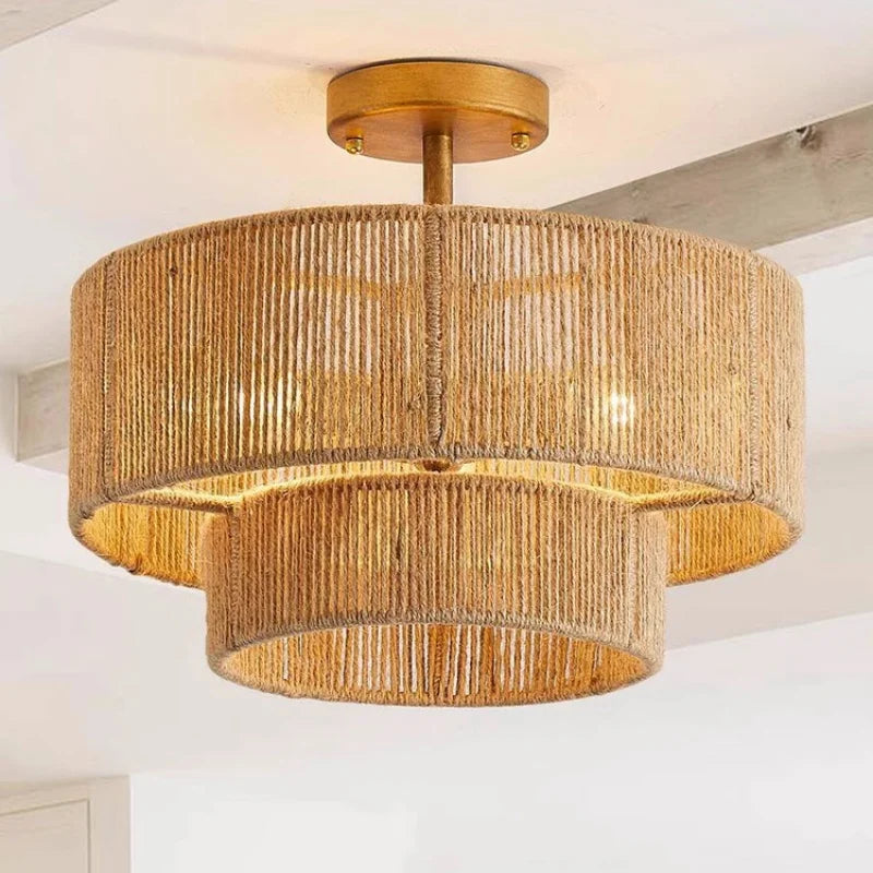 Afralia™ Retro Hemp Rope Round LED Pendant Lights for Dining Room and Restaurant